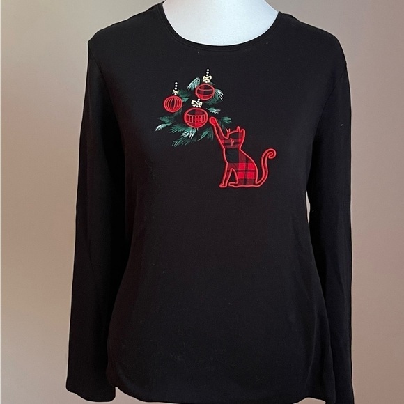 Croft and Barrow Size Large Shirt Black with Cute Cat Long Sleeves - Picture 1 of 6